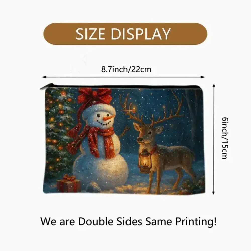 Christmas Winter Snowman and Reindeer Travel Makeup Bag Double Sided Printed